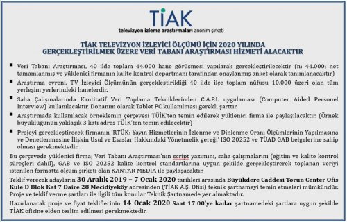 TİAK A.Ş. 2020 VTA Hizmet Alımı