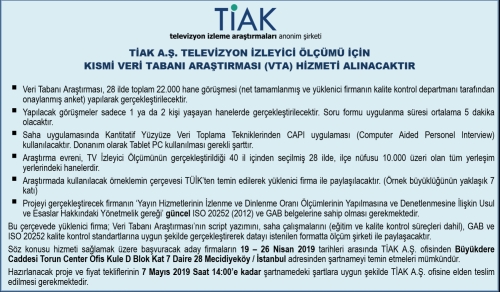 TİAK A.Ş. 2019 Kısmi VTA Hizmet Alımı